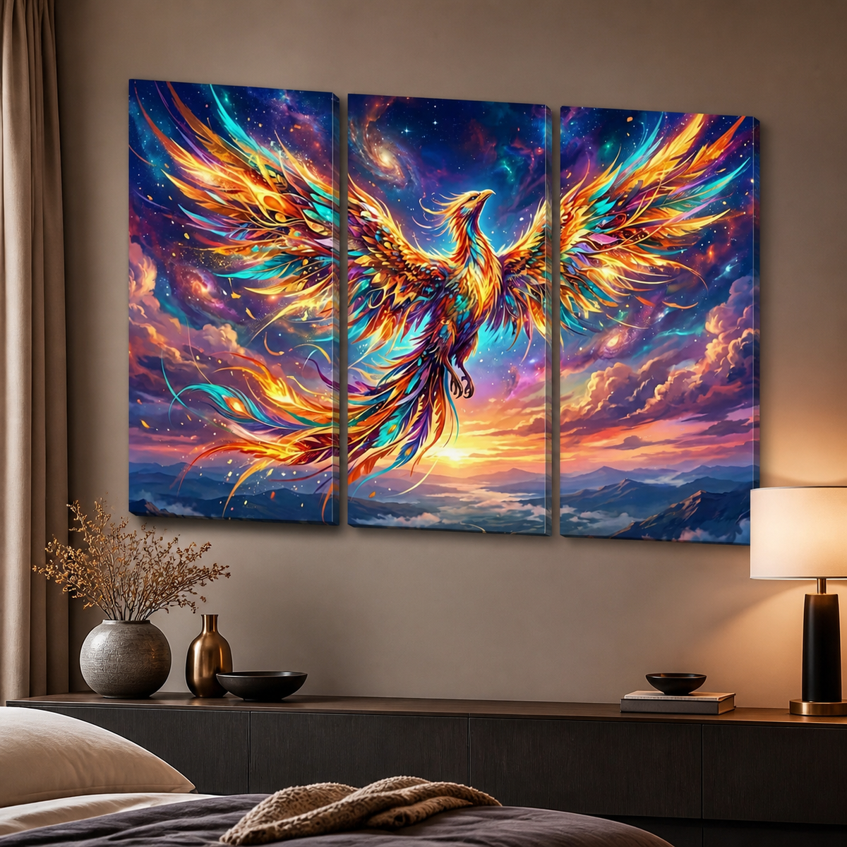 A three-panel canvas wall art set depicting a glowing phoenix with fiery orange, yellow, and blue feathers against a colorful sunset sky, displayed above a bed in a modern bedroom setting.