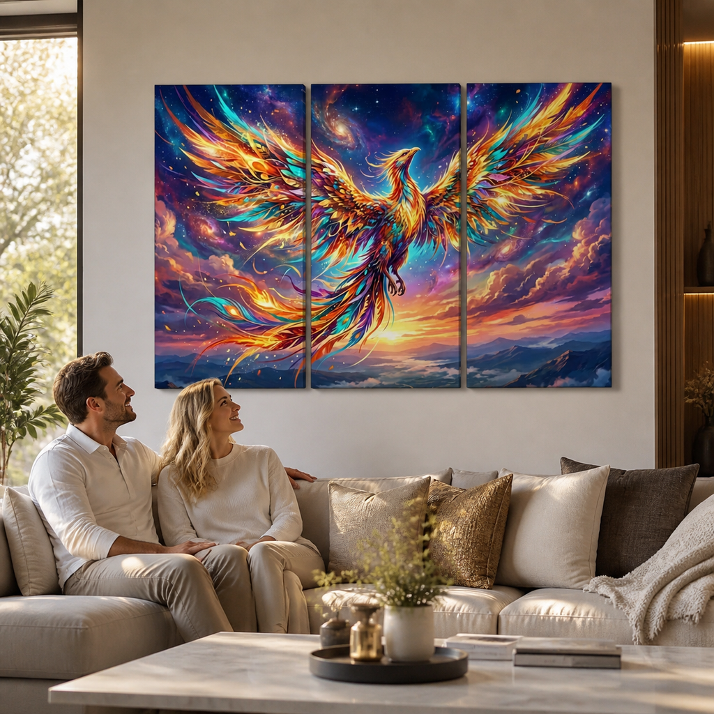 A three-panel canvas wall art set depicting a vibrant, fiery phoenix rising against a colorful cosmic sky, displayed on a beige wall above a modern sofa with a couple sitting underneath in a living room setting.