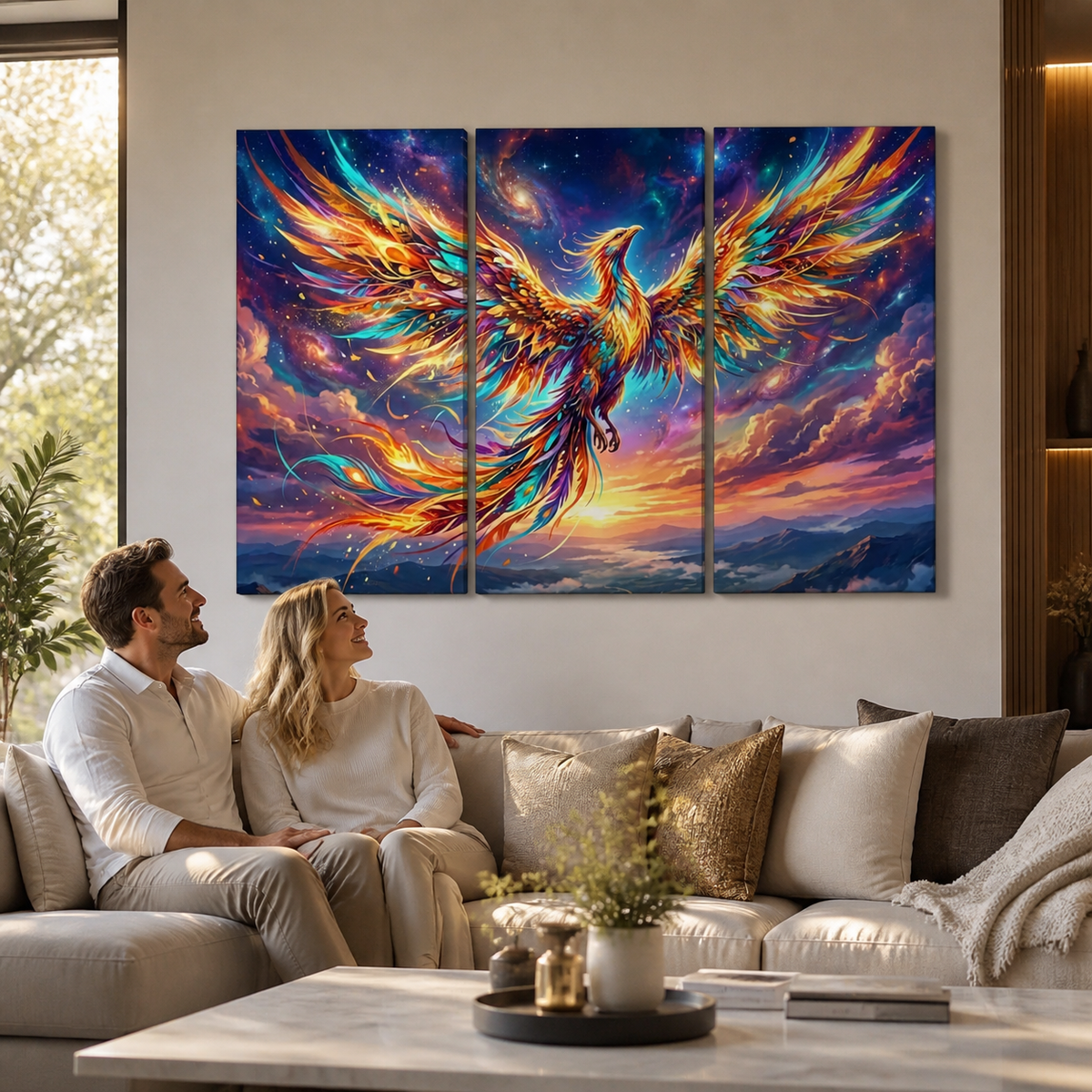 A three-panel canvas wall art set depicting a vibrant, fiery phoenix rising against a colorful cosmic sky, displayed on a beige wall above a modern sofa with a couple sitting underneath in a living room setting.
