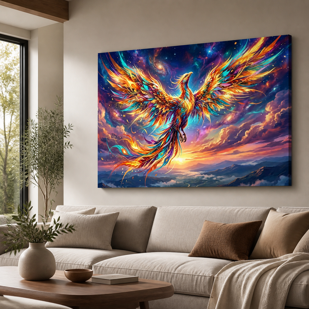 A large rectangular canvas wall art print hangs above a beige sofa in a modern living room. The artwork depicts a vivid, colorful phoenix with glowing orange, yellow, and blue feathers against a dramatic cosmic sky with purple, blue, and pink clouds.