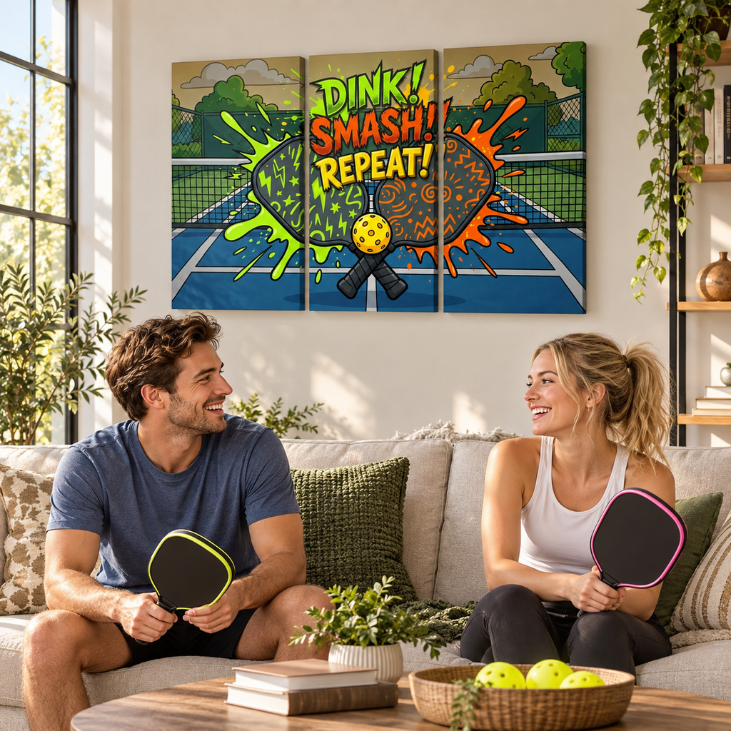 A three-panel canvas wall art print featuring a colorful pickleball court scene with the text 'DINK! SMASH! REPEAT!' is displayed on a beige sofa in a modern living room setting, with a man and a woman holding pickleball paddles looking at the artwork.