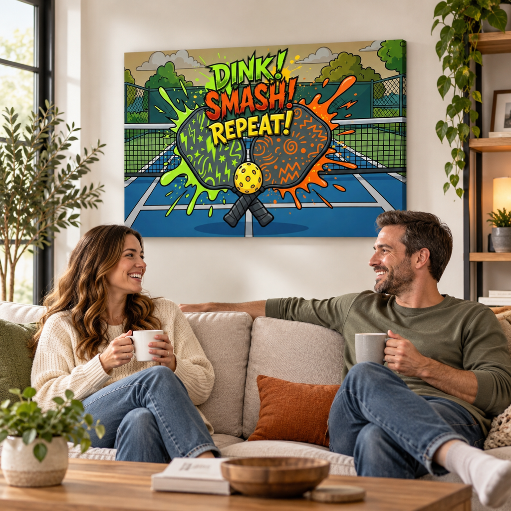 A colorful wall art print featuring the text 'DINK! SMASH! REPEAT!' over a tennis court scene hangs on a wall above a couch in a living room with a man and woman holding mugs.