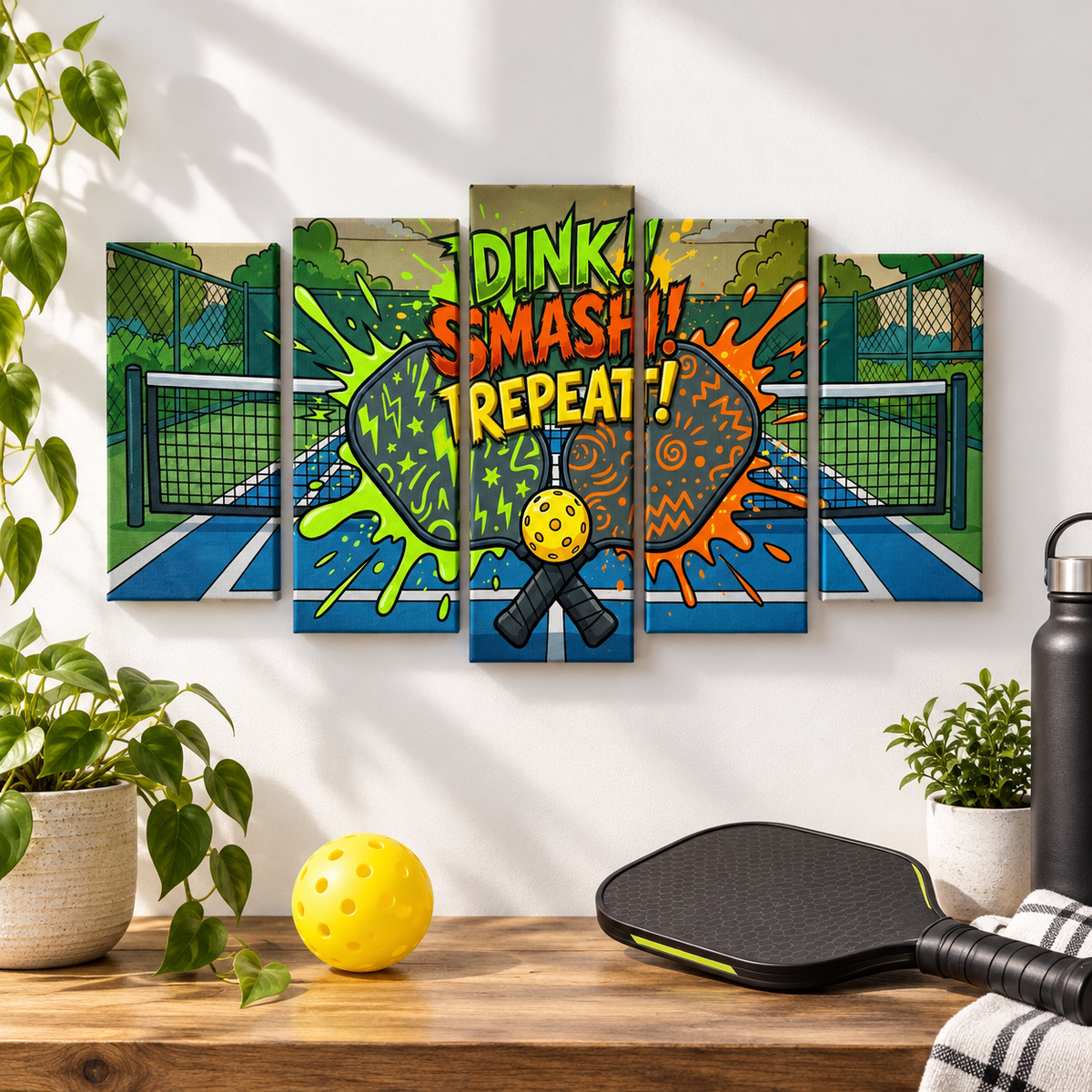 A 5-panel canvas wall art set depicting a vibrant pickleball court scene with the text 'DINK! SMASH! REPEAT!' in bold retro lettering. The panels are styled on a white wall above a wooden table with a yellow pickleball, a black paddle, and potted plants.