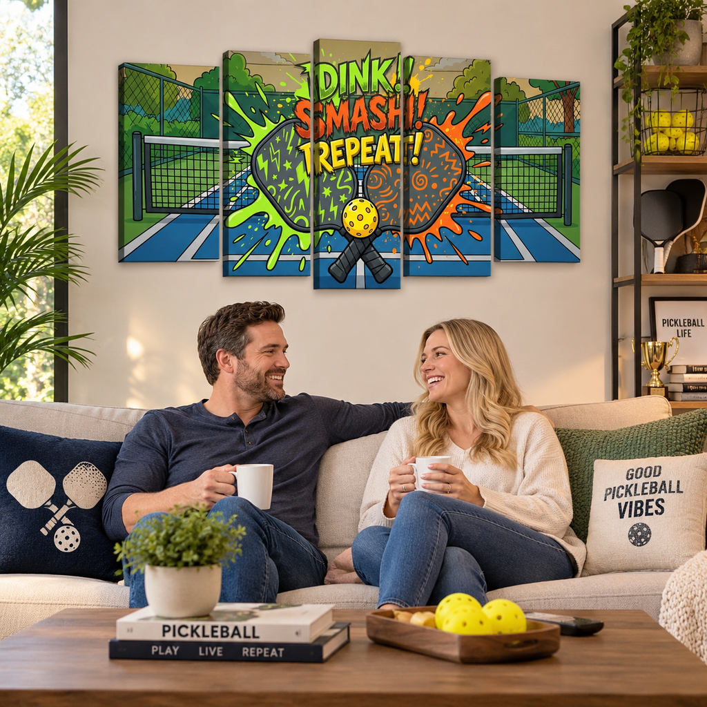 A man and woman sitting on a beige couch in a living room, smiling and holding mugs, with a large colorful pickleball-themed wall art piece above them. The artwork features the text 'DINK SMASH!-repeat!' over a tennis court scene with a yellow pickleball.