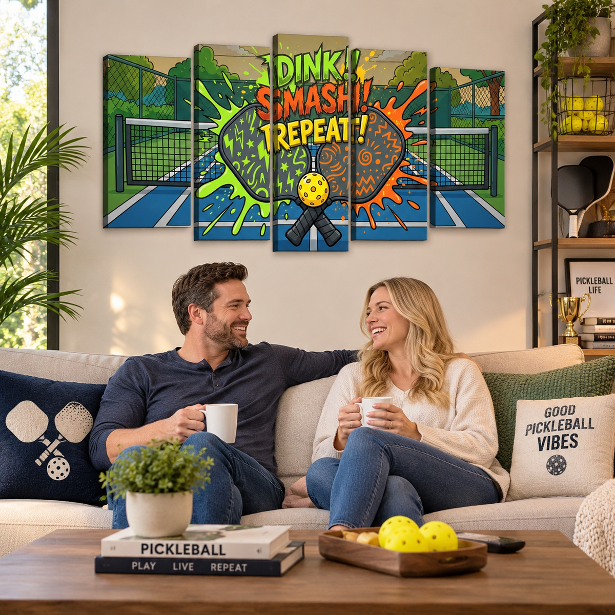 A man and woman sitting on a beige couch in a living room, smiling and holding mugs, with a large colorful pickleball-themed wall art piece above them. The artwork features the text 'DINK SMASH!-repeat!' over a tennis court scene with a yellow pickleball.