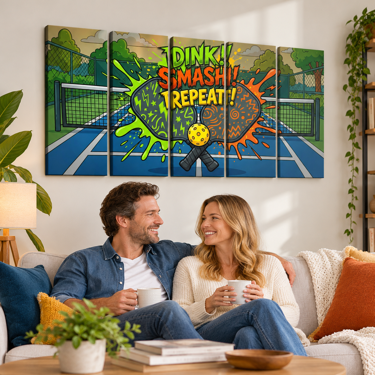 A five-panel canvas wall art set hangs above a couple sitting on a couch in a bright living room. The artwork shows a cartoon tennis court with paint splashes and the words “DINK! SMASH! REPEAT!” in bold colors.