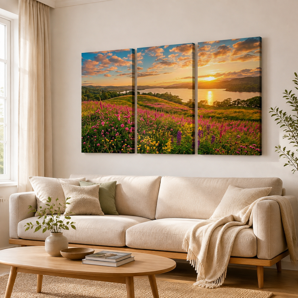A three-panel canvas wall art set depicting a colorful wildflower meadow at sunset by a lake, displayed above a beige sofa in a modern living room setting.