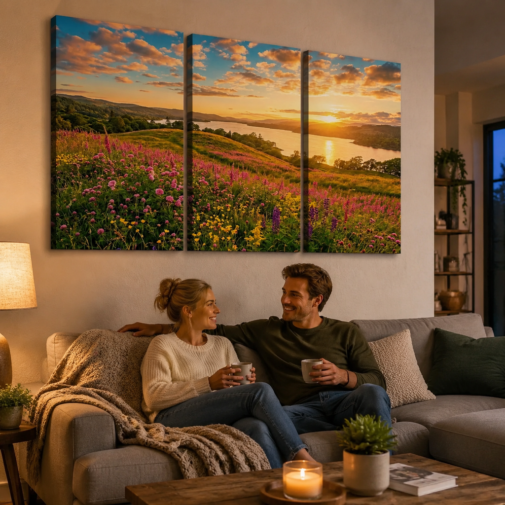 A three-panel canvas wall art print depicting a colorful wildflower meadow at sunset over a lake, displayed on a wall in a cozy living room above a couple sitting on a gray sofa.