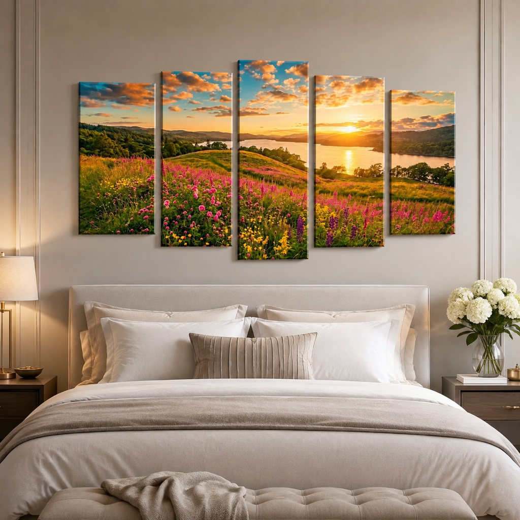 A five-panel canvas wall art set depicting a vibrant sunset over a field of pink and yellow wildflowers, displayed above a neatly made bed in a modern bedroom setting.