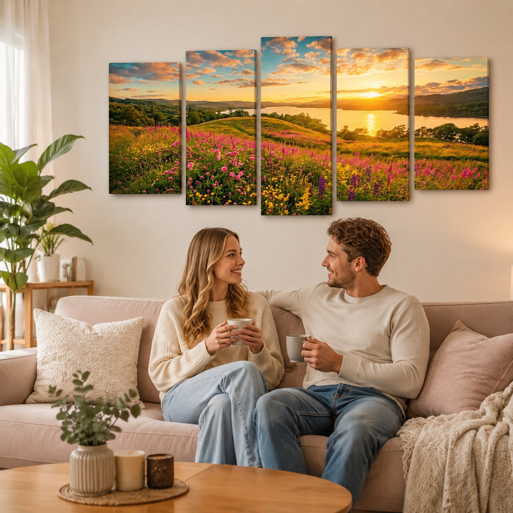 A couple sits on a beige sofa in a cozy living room, holding mugs and looking at a five-panel canvas wall art set depicting a colorful wildflower meadow at sunset over water.