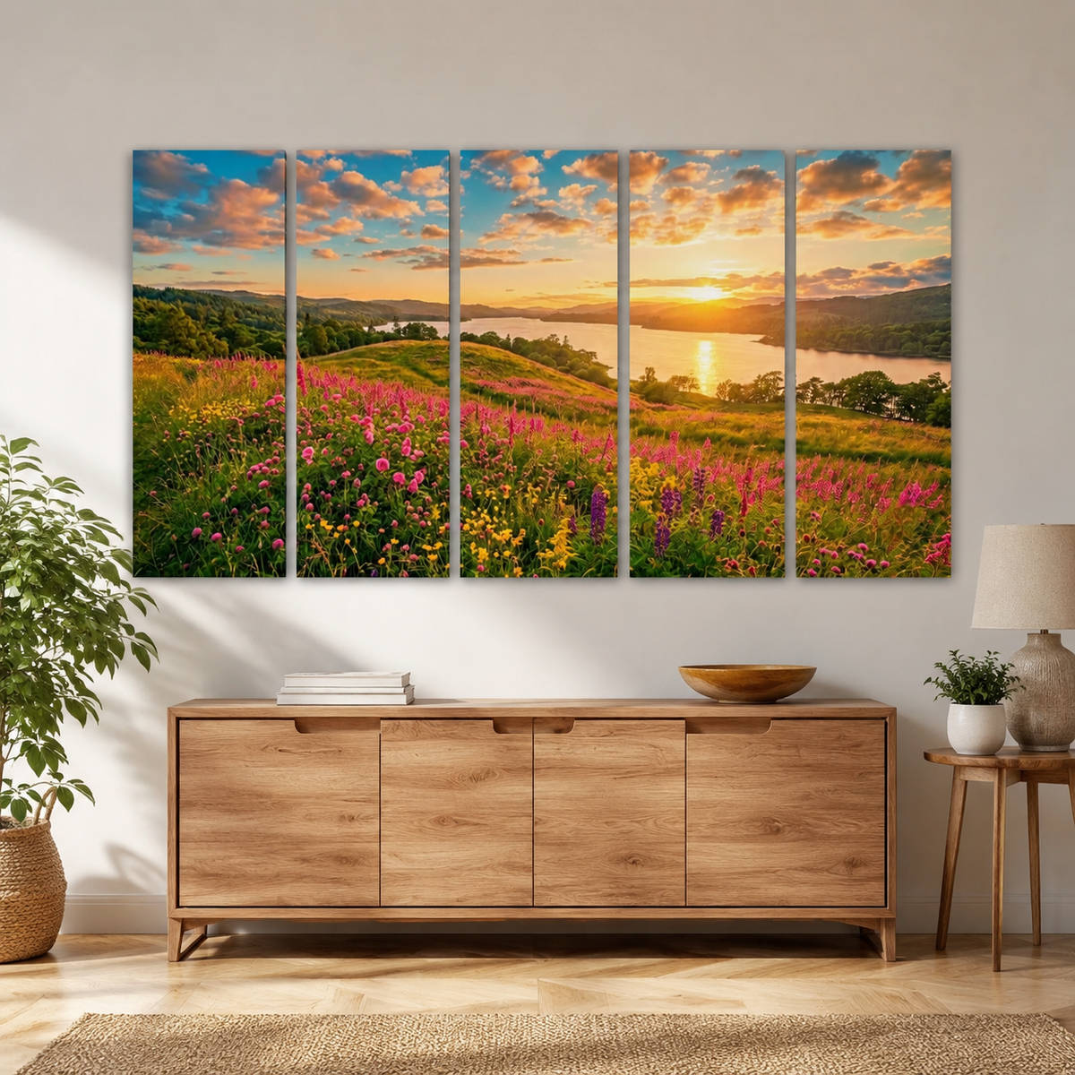 A five-panel canvas wall art set depicting a colorful wildflower meadow at sunset with hills and water, displayed above a wooden sideboard in a styled room with a plant, lamp, and side table.