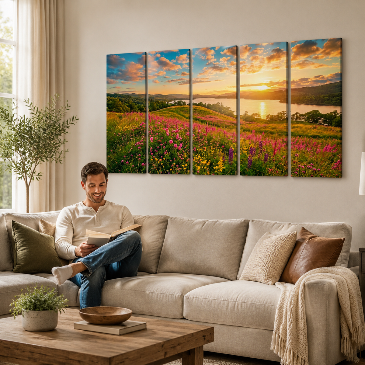 A man sits on a beige sofa in a living room, reading a book. Above him, a five-panel canvas wall art set displays a colorful landscape of a field of pink flowers at sunset beside a lake.