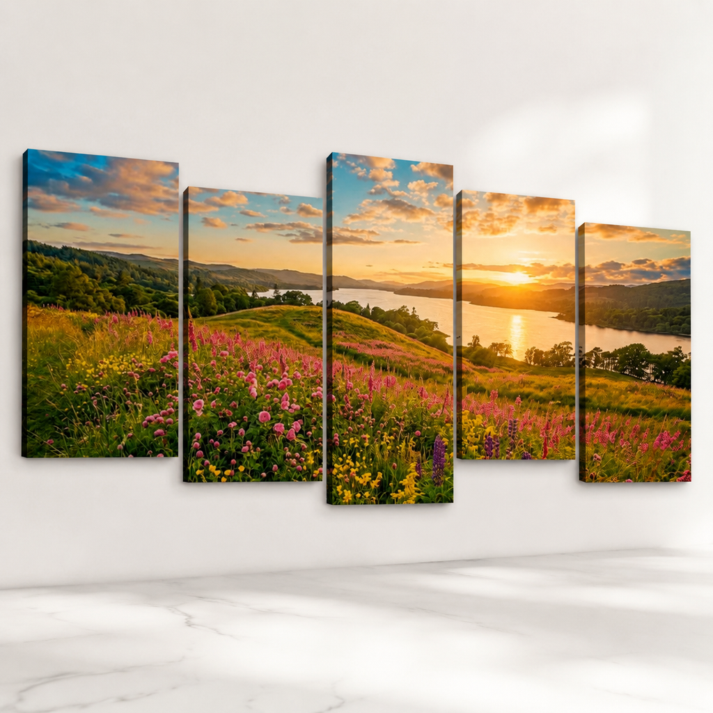 Where the Flowers Meet the Fire — Golden Hour Lake Canvas Wall Art