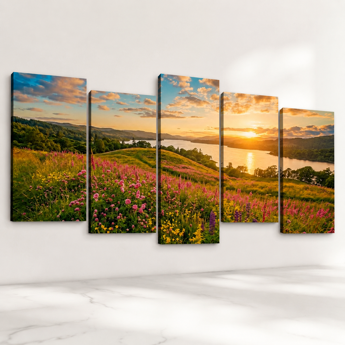 Where the Flowers Meet the Fire — Golden Hour Lake Canvas Wall Art