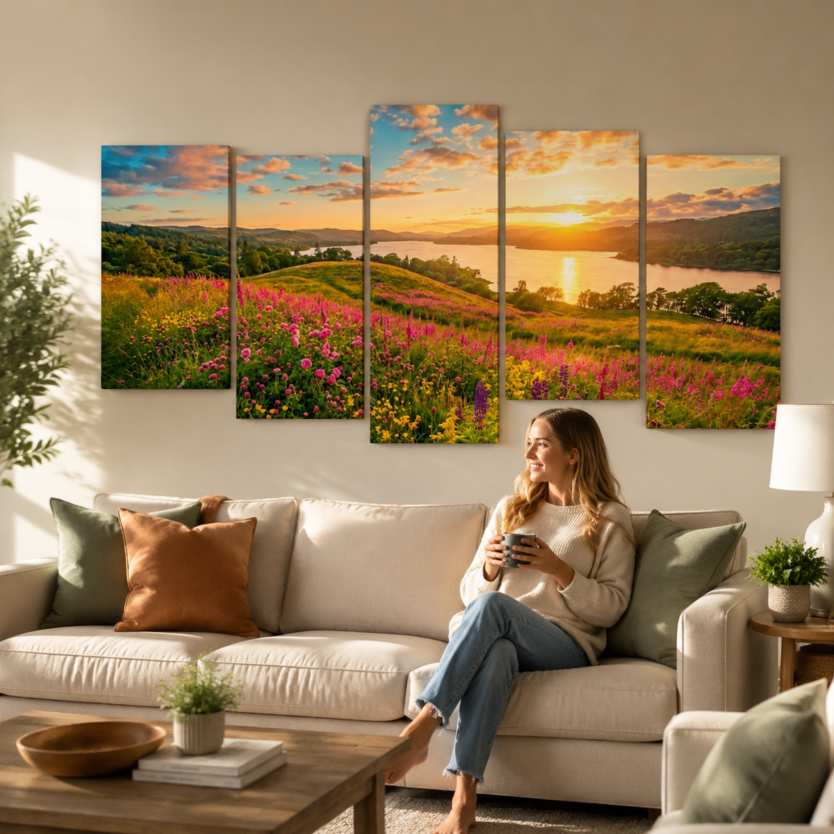 A five-panel canvas wall art set depicting a colorful wildflower meadow at sunset with a lake and hills, displayed above a beige sofa in a modern living room with a woman sitting on the couch.
