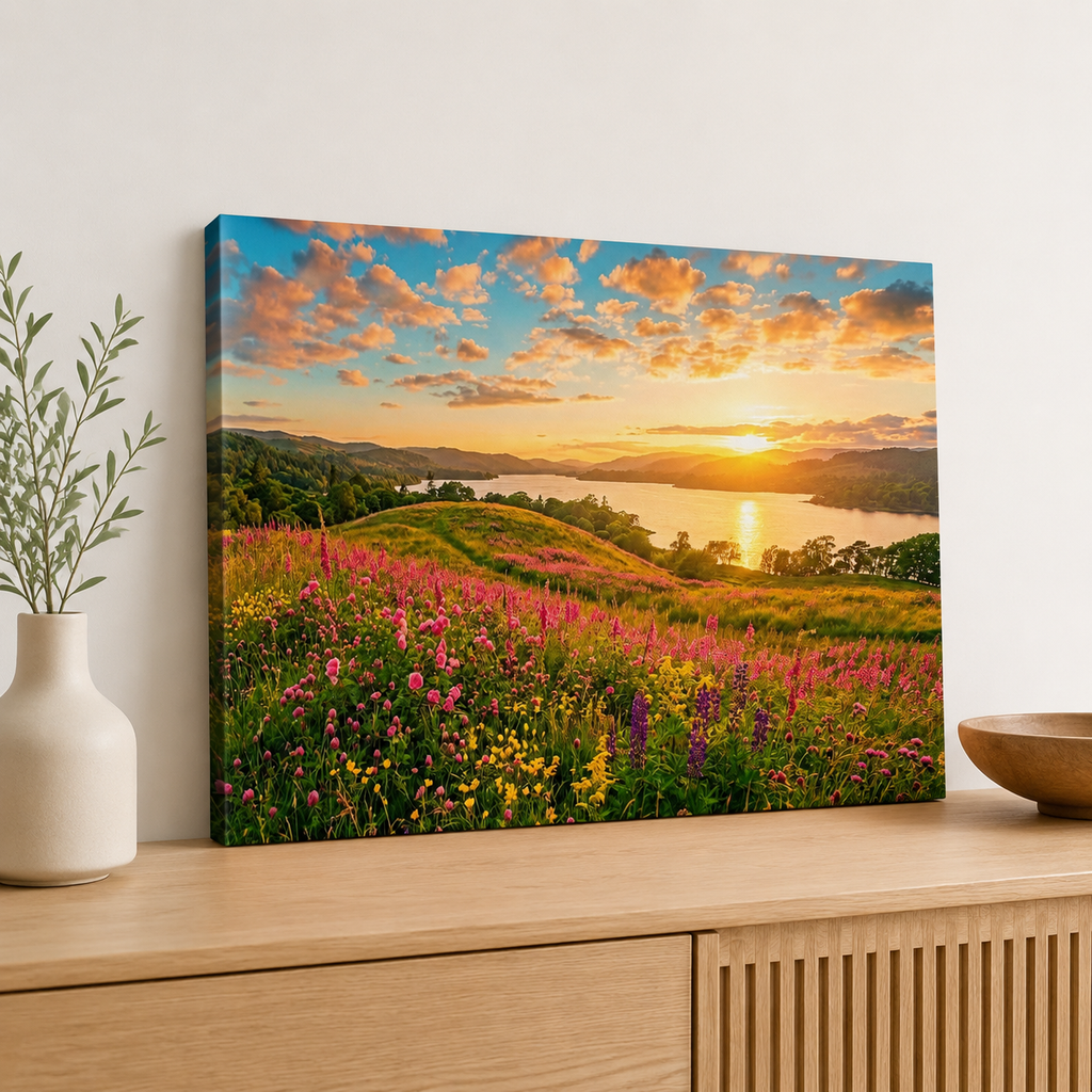 A rectangular wall art canvas showing a colorful wildflower meadow at sunset beside a lake, displayed on a light wood console against a white wall with a vase and bowl nearby.