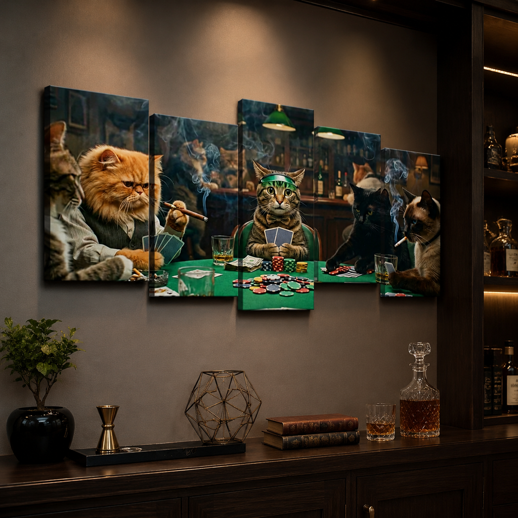Poker Cats Playing Cards Canvas Wall Art – Multi-Panel Cat Decor