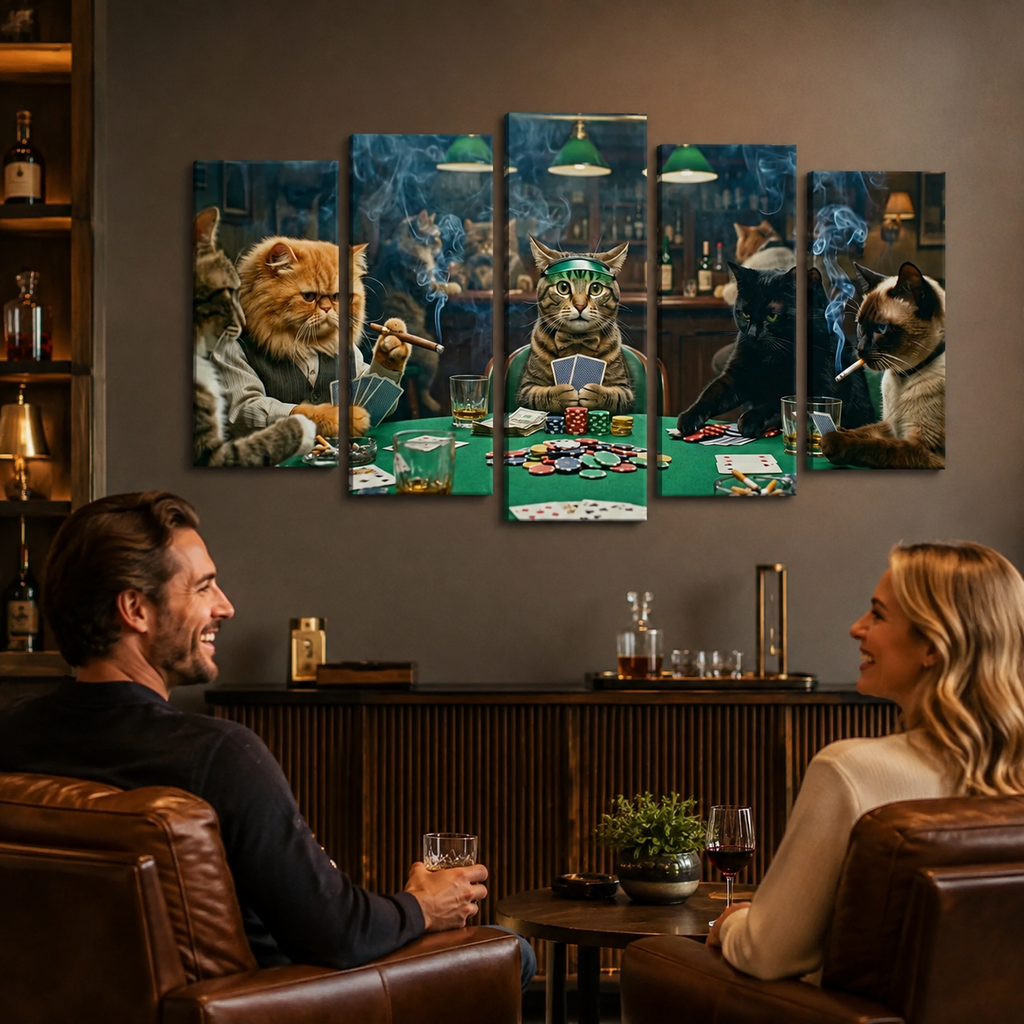 A 5-panel canvas wall art set depicting anthropomorphic cats playing poker, displayed on a dark gray wall in a modern living room setting above a bar counter, with a man and woman seated in brown leather armchairs looking at the artwork.
