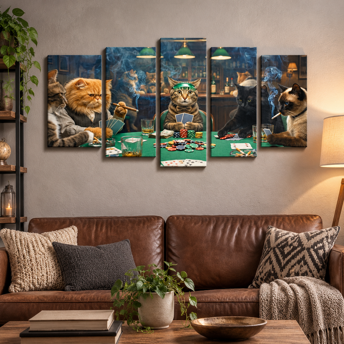 A 5-panel canvas wall art set depicting cats playing a card game, displayed in a living room setting above a brown leather sofa.