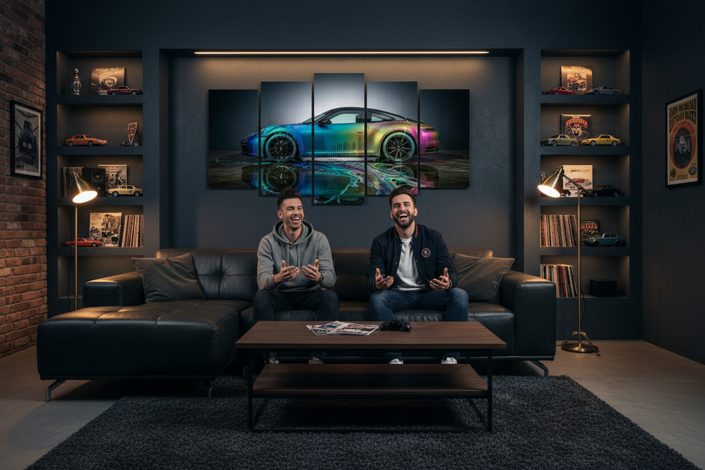 Porsche 911 Dripping Paint Canvas Wall Art – Chromatic Velocity | 1, 3 & 5 Panel Garage Print