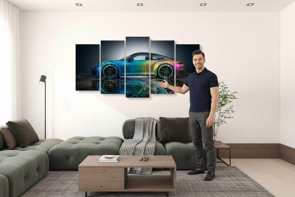 Porsche 911 Dripping Paint Canvas Wall Art – Chromatic Velocity | 1, 3 & 5 Panel Garage Print