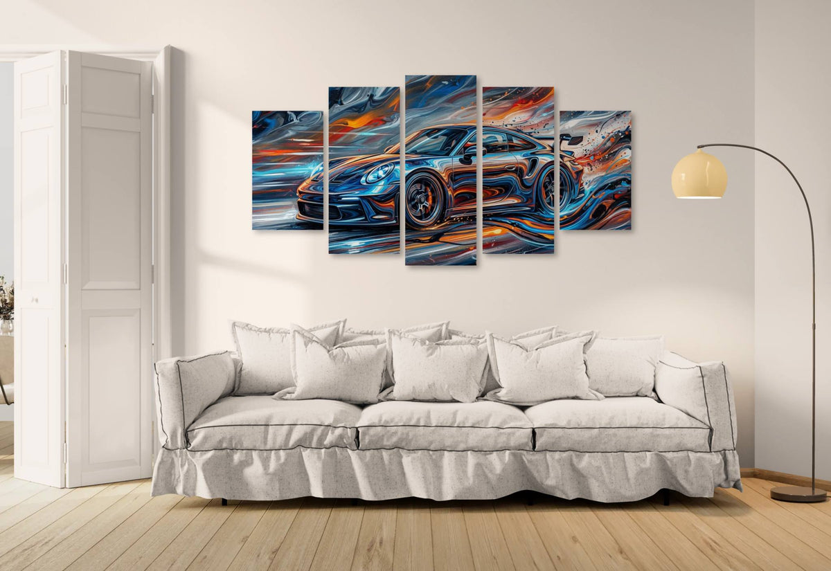 Five-panel wall art of a car in a modern living room.