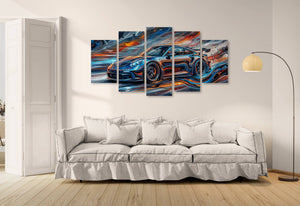 Five-panel wall art of a car in a modern living room.