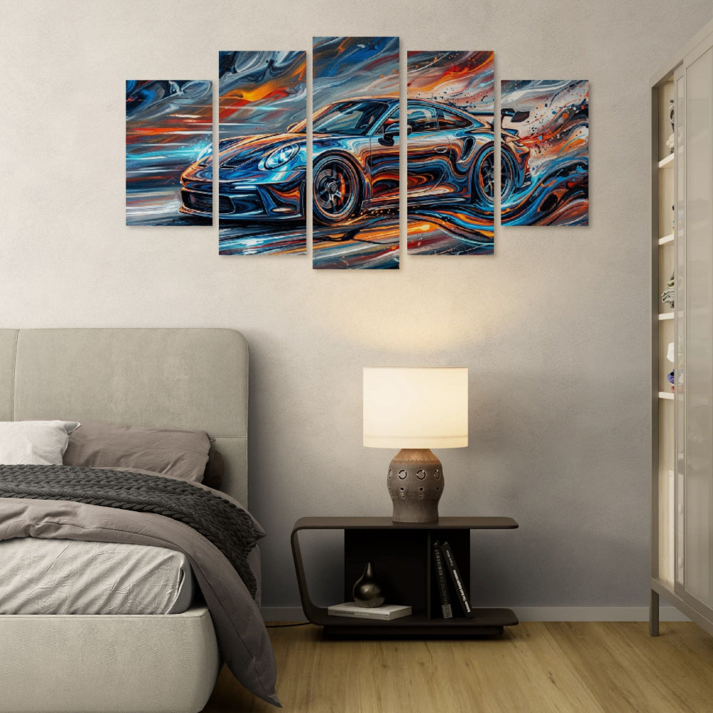 Five-panel wall art of a sports car in a bedroom setting with a bed and lamp.