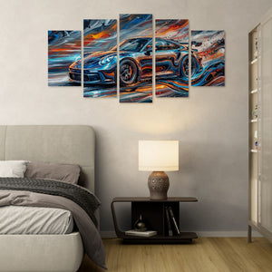 Five-panel wall art of a sports car in a bedroom setting with a bed and lamp.