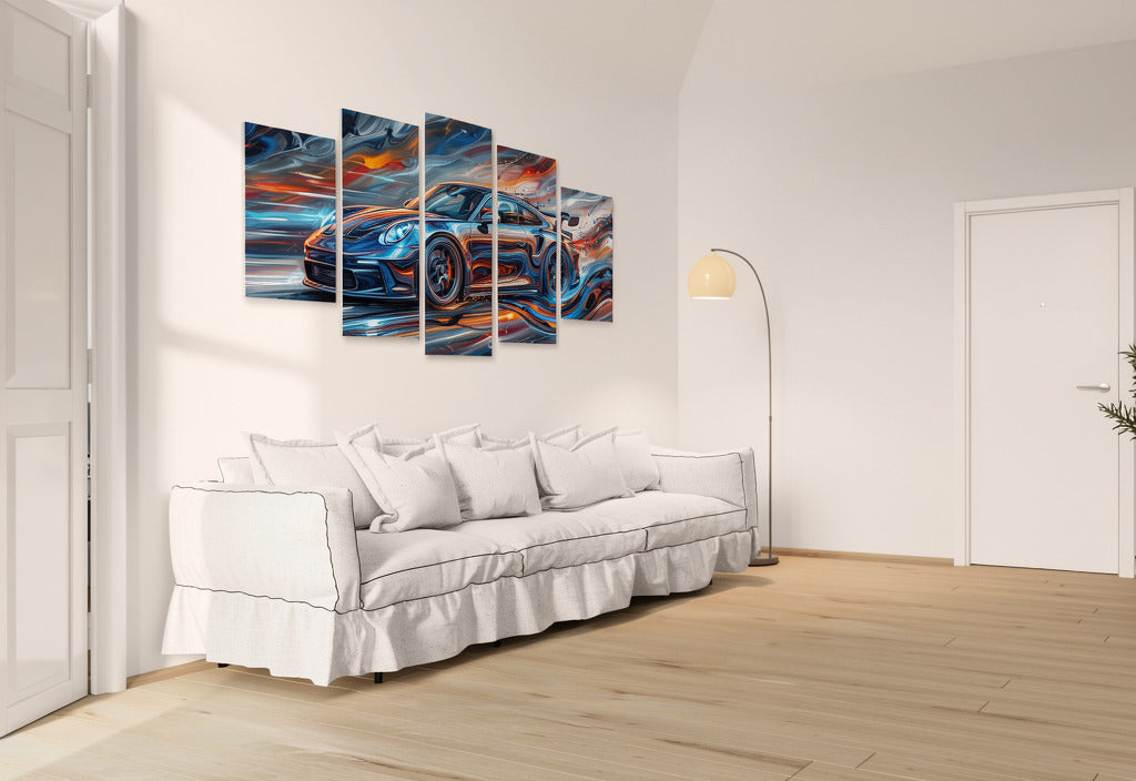 Modern living room with a white sofa and wall art depicting a car.