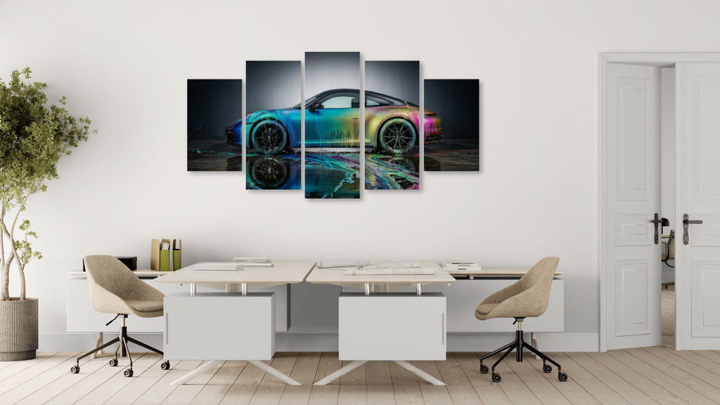 Colorful Porsche 911 Sportscar artwork on a wall above a modern office desk.