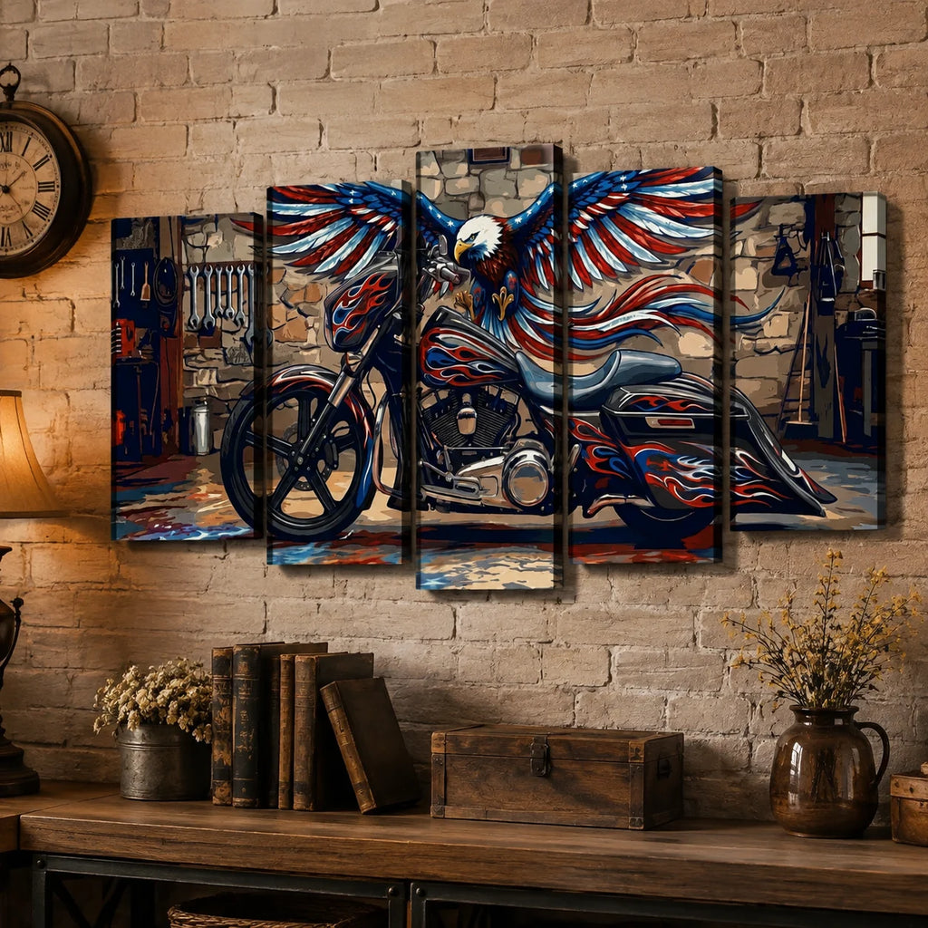 American Bagger Dresser Canvas Wall Art — Red, White & Blue Eagle, Stretched Swoop Bags