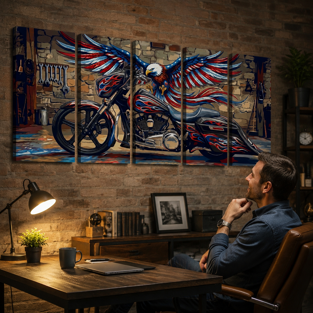 American Bagger Dresser Canvas Wall Art — Red, White & Blue Eagle, Stretched Swoop Bags