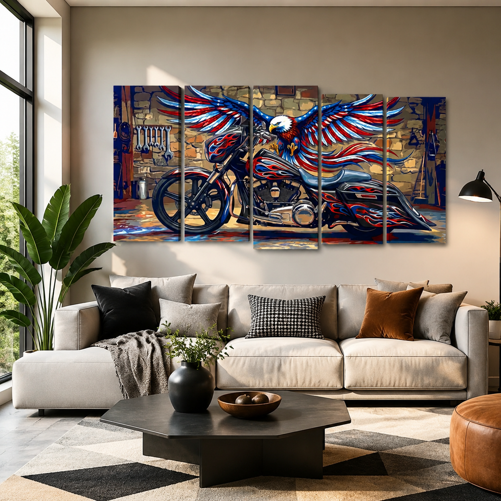 American Bagger Dresser Canvas Wall Art — Red, White & Blue Eagle, Stretched Swoop Bags