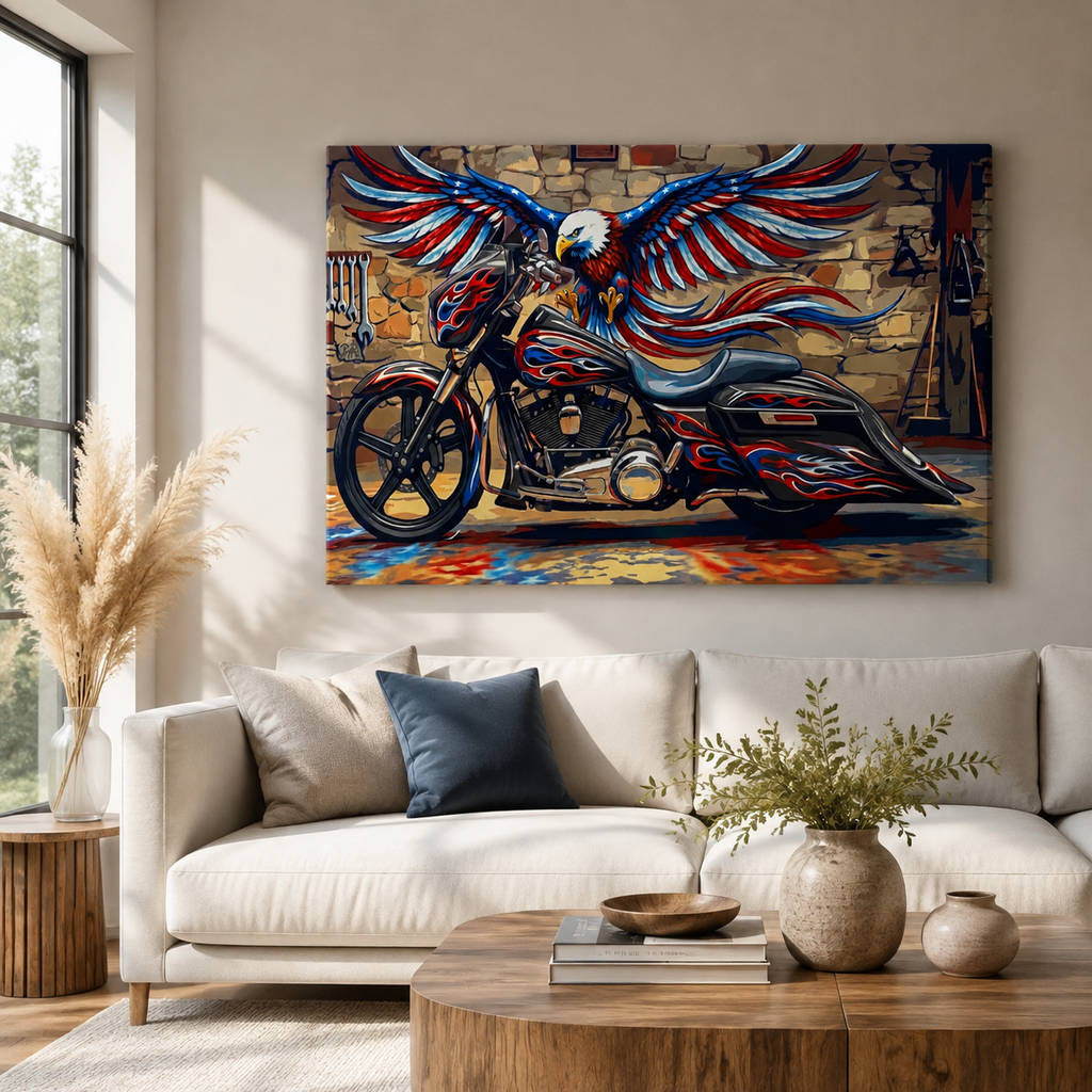 American Bagger Dresser Canvas Wall Art — Red, White & Blue Eagle, Stretched Swoop Bags