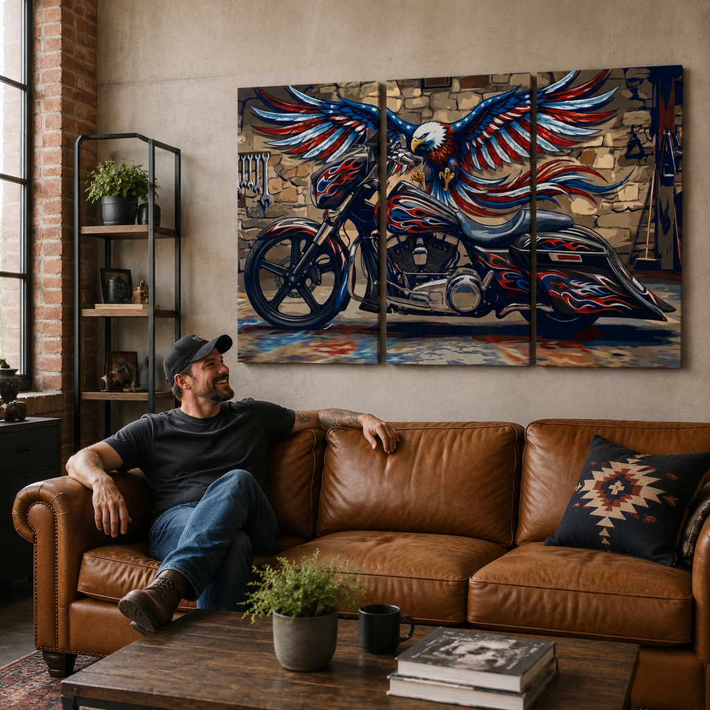 American Bagger Dresser Canvas Wall Art — Red, White & Blue Eagle, Stretched Swoop Bags
