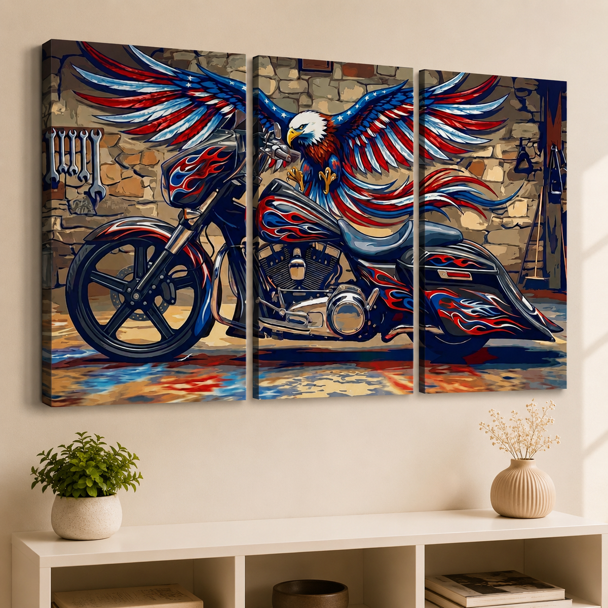 American Bagger Dresser Canvas Wall Art — Red, White & Blue Eagle, Stretched Swoop Bags
