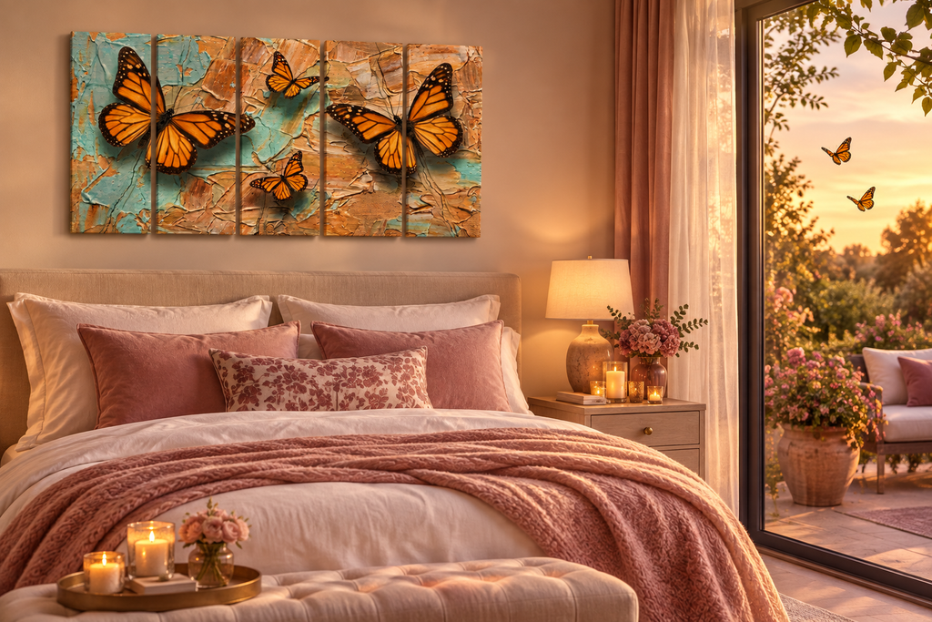 Romantic bedroom canvas mockup with sliding door and monarch butterflies