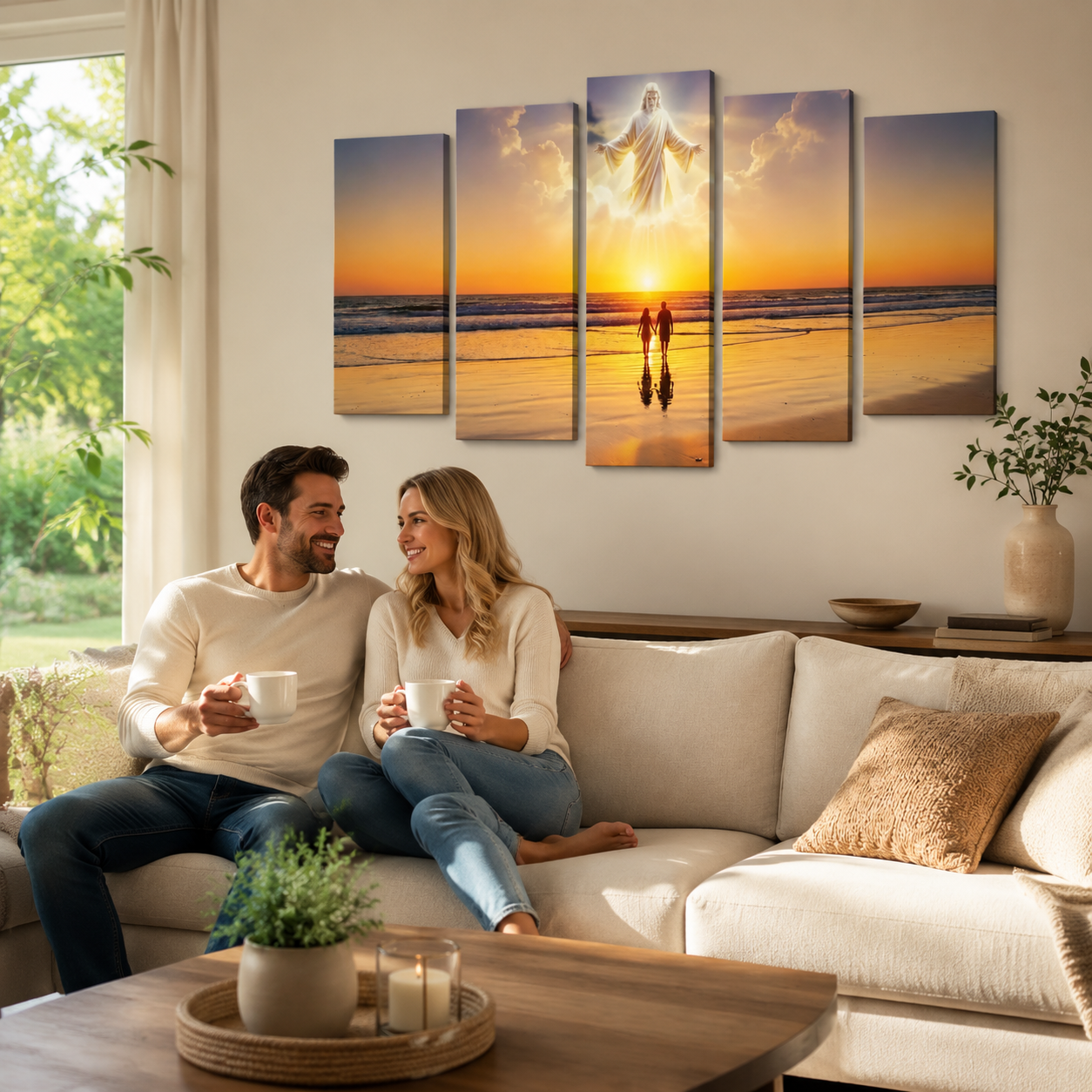 Sacred Shores Canvas Wall Art – God Overlooking Beach Surf at Sunset | 1, 3 & 5 Panel Faith Print