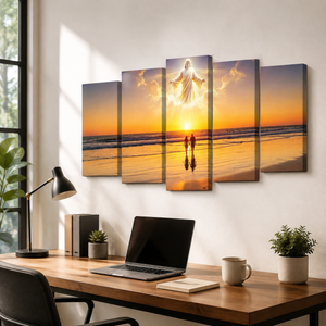 Sacred Shores Canvas Wall Art – God Overlooking Beach Surf at Sunset | 1, 3 & 5 Panel Faith Print