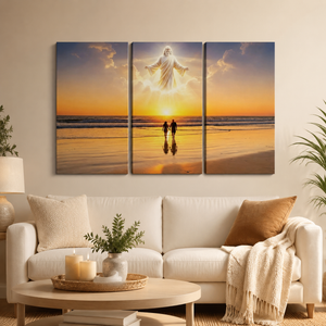 Sacred Shores Canvas Wall Art – God Overlooking Beach Surf at Sunset | 1, 3 & 5 Panel Faith Print