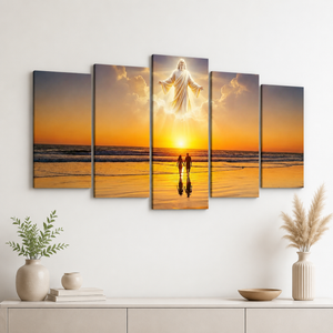 Sacred Shores Canvas Wall Art – God Overlooking Beach Surf at Sunset | 1, 3 & 5 Panel Faith Print