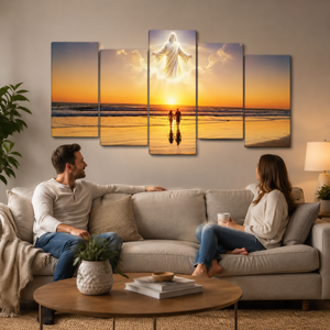 Sacred Shores Canvas Wall Art – God Overlooking Beach Surf at Sunset | 1, 3 & 5 Panel Faith Print