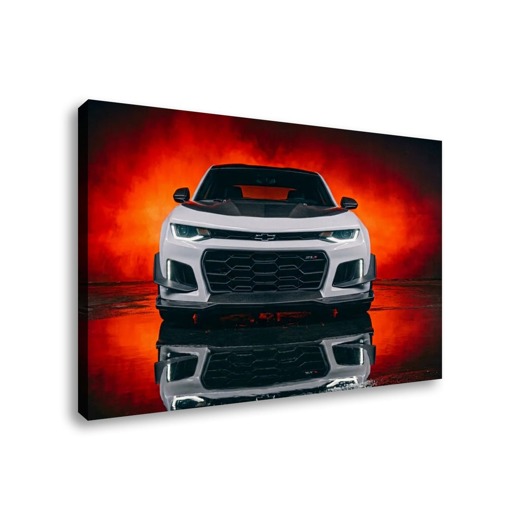 White Camaro Muscle Car Black Hood Red Glow Canvas Wall Art