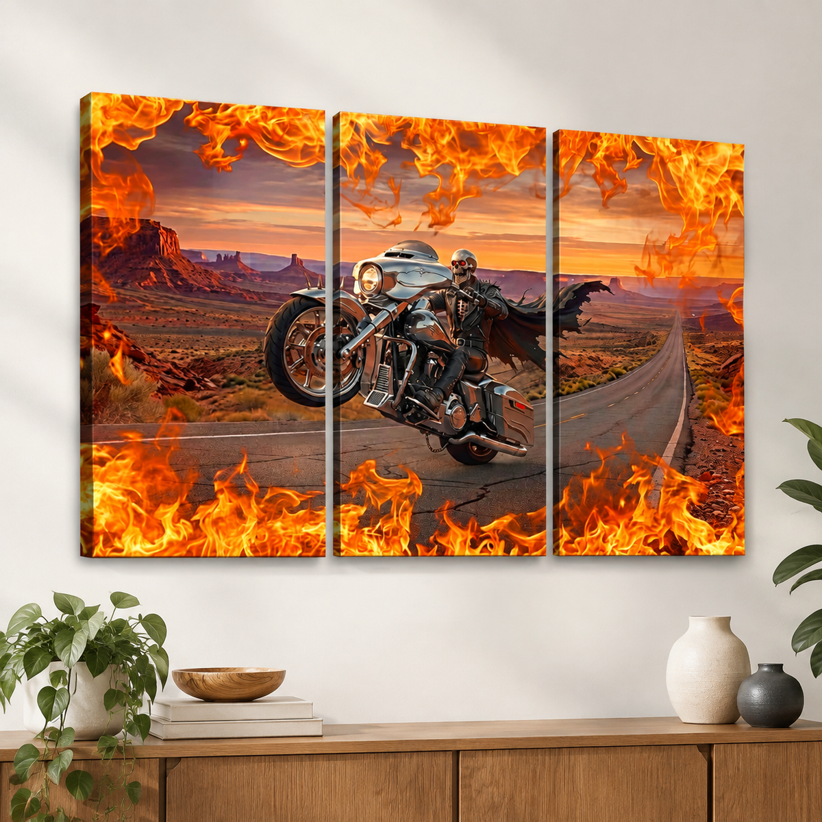 Skeleton Fire Bagger Chrome Motorcycle Tank, Saddlebags w/ Fire Split Canvas Panel Wall Art