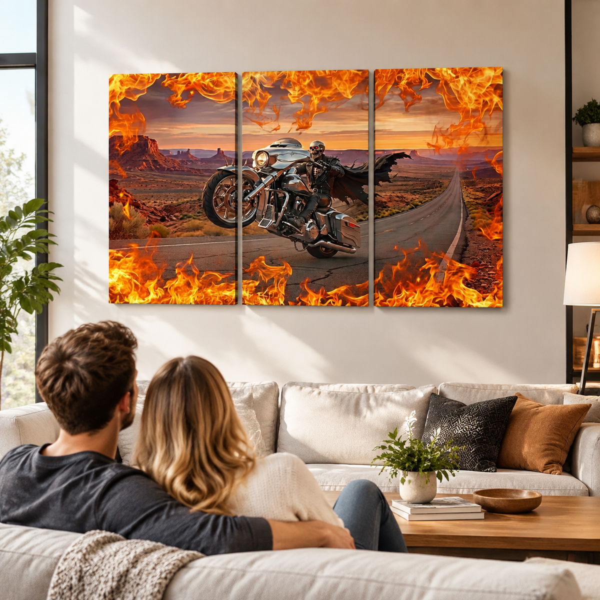 Skeleton Fire Bagger Chrome Motorcycle Tank, Saddlebags w/ Fire Split Canvas Panel Wall Art