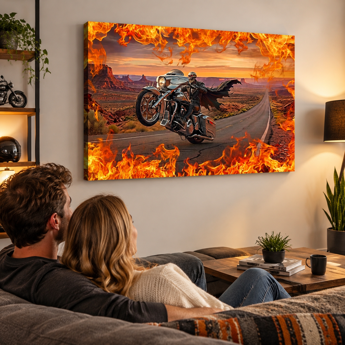 Skeleton Fire Bagger Chrome Motorcycle Tank, Saddlebags w/ Fire Split Canvas Panel Wall Art