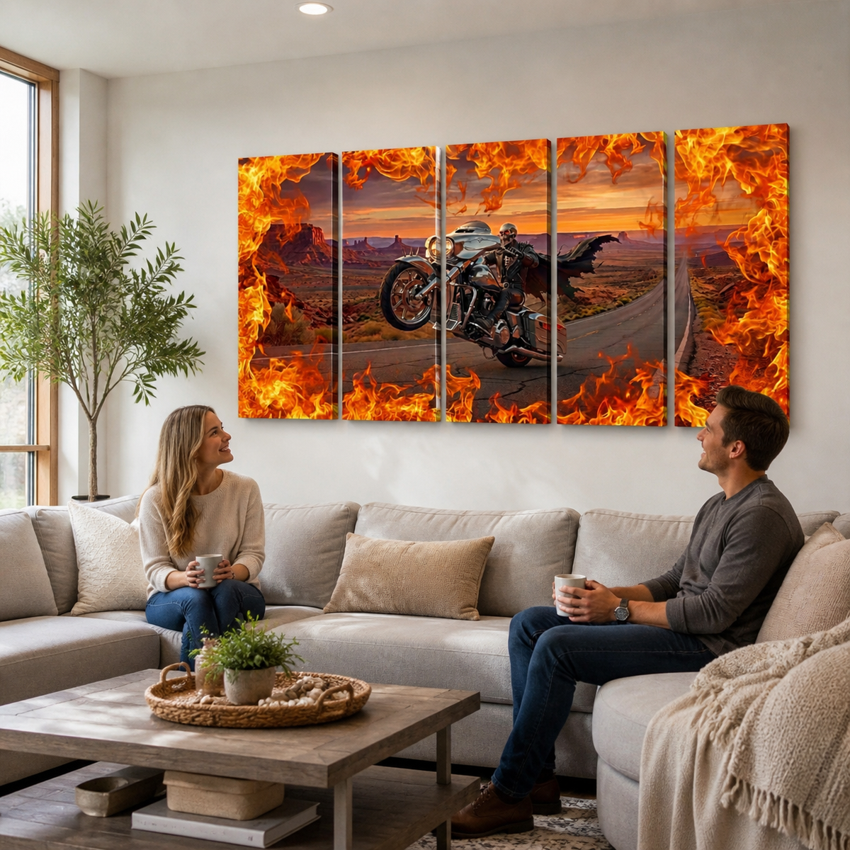 Skeleton Fire Bagger Chrome Motorcycle Tank, Saddlebags w/ Fire Split Canvas Panel Wall Art