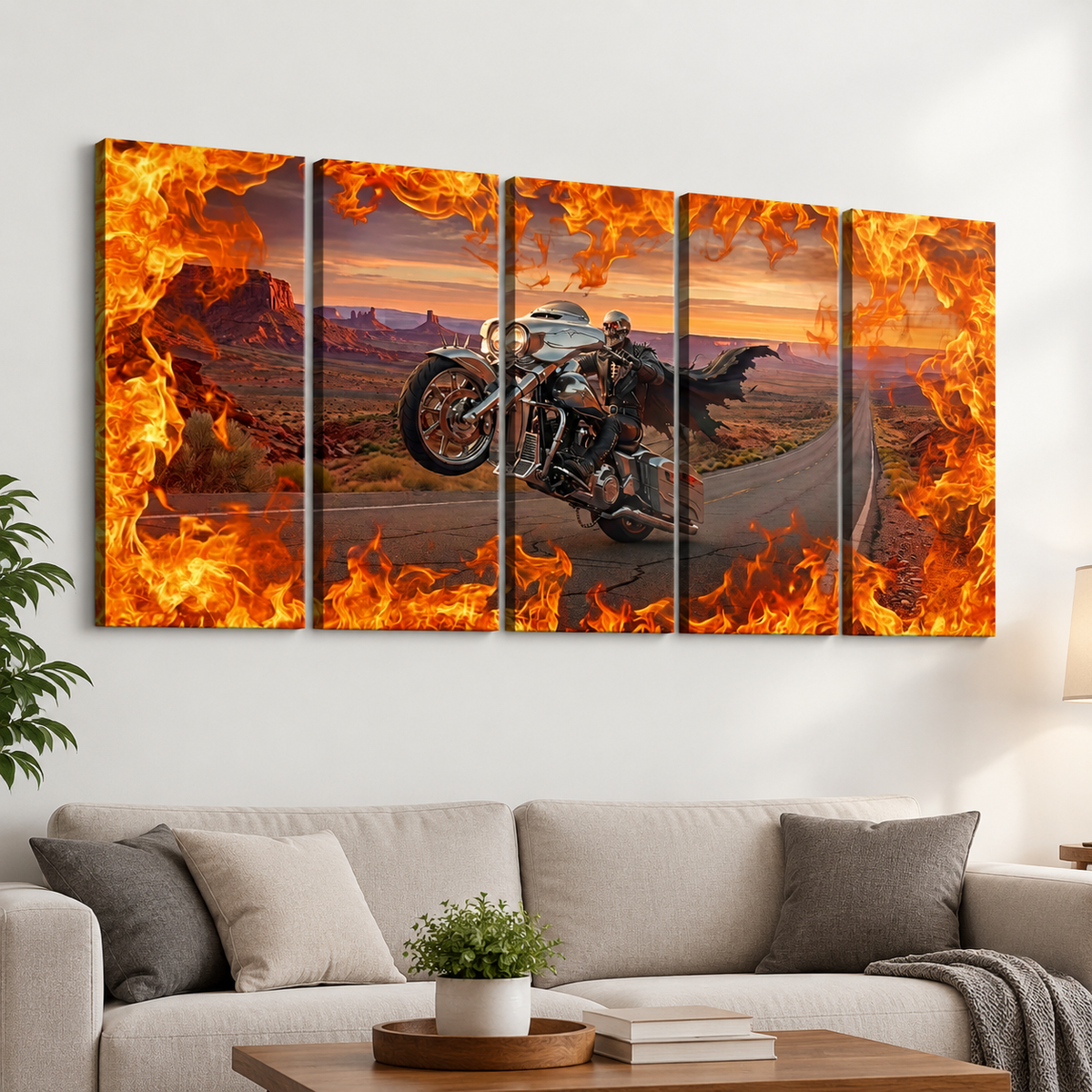 Skeleton Fire Bagger Chrome Motorcycle Tank, Saddlebags w/ Fire Split Canvas Panel Wall Art