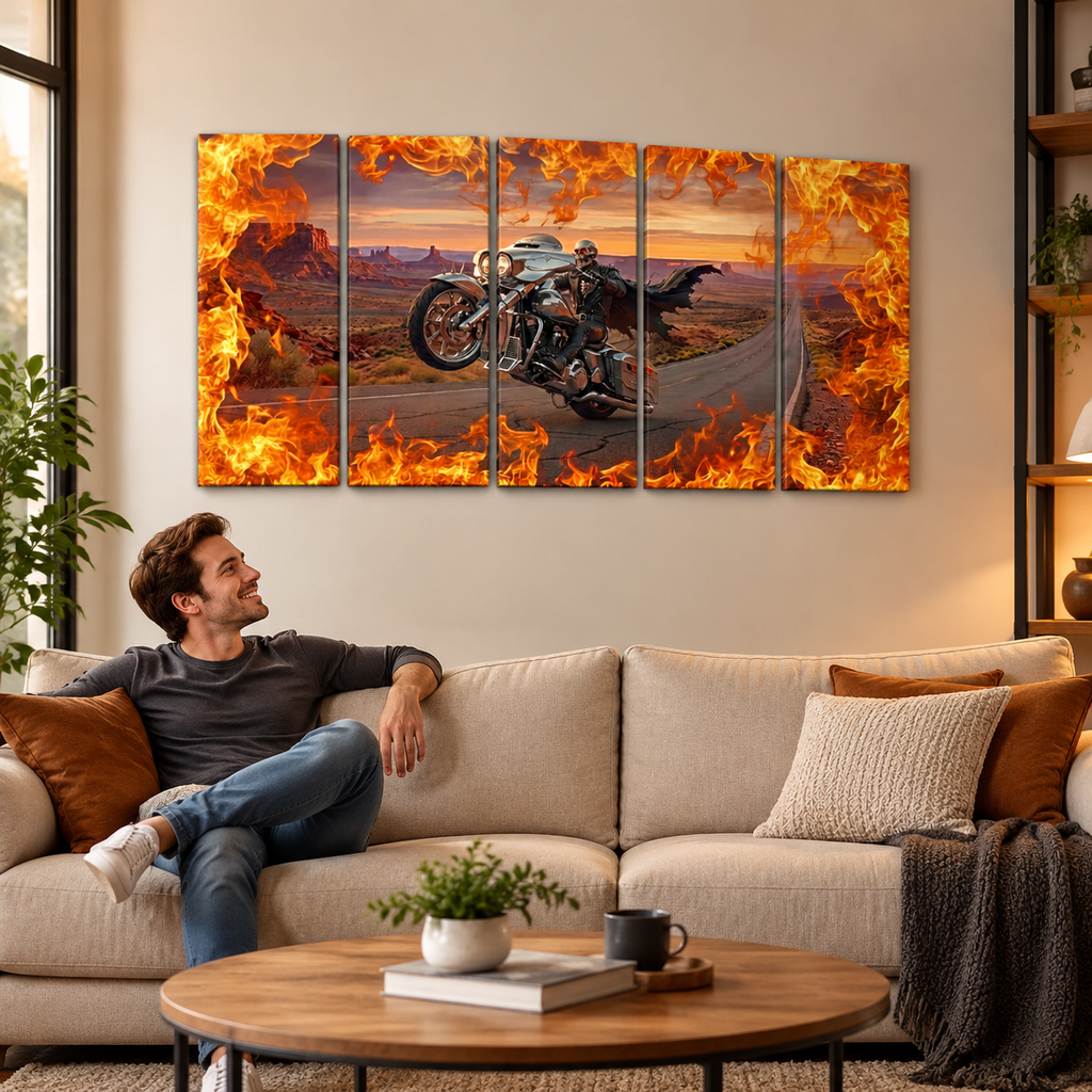 Skeleton Fire Bagger Chrome Motorcycle Tank, Saddlebags w/ Fire Split Canvas Panel Wall Art